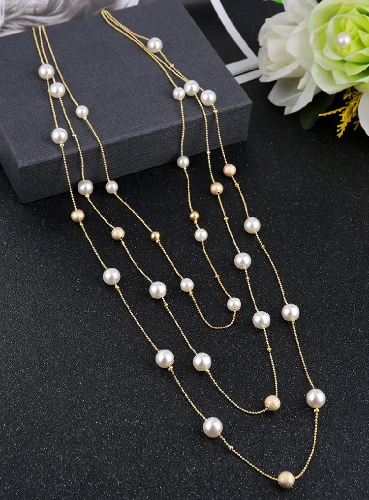 Fashion Handmade Simulated-pearls Beads Chain Necklace For Women Charm Multilayer Long Sweater Necklaces Wedding Party Jewelry