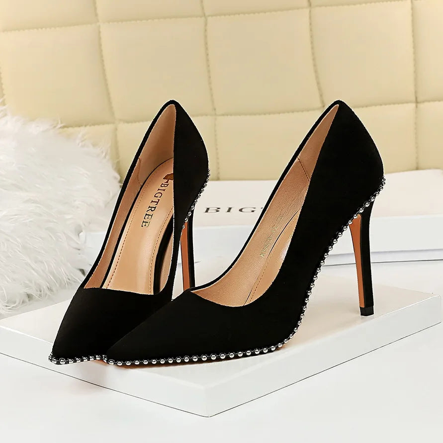 BIGTREE Shoes Black Heels Metal Beads Woman Pumps Suede High Heels Stiletto Wedding Shoes Women Heels Female Plus Size 41 42 43