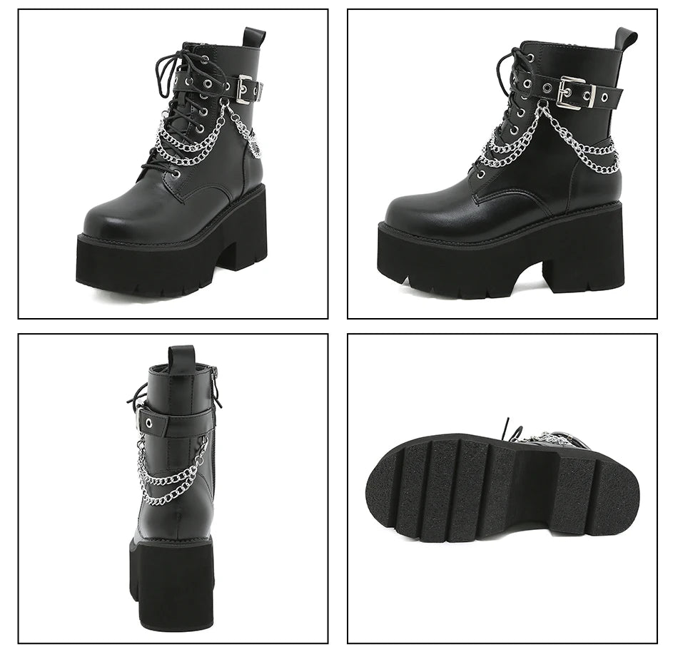Gdgydh Modern Boots Woman Shoes Gothic Metal Decoration Black Boots Women Heels Sexy Chain Chunky Heel Platform Footwear Zipper