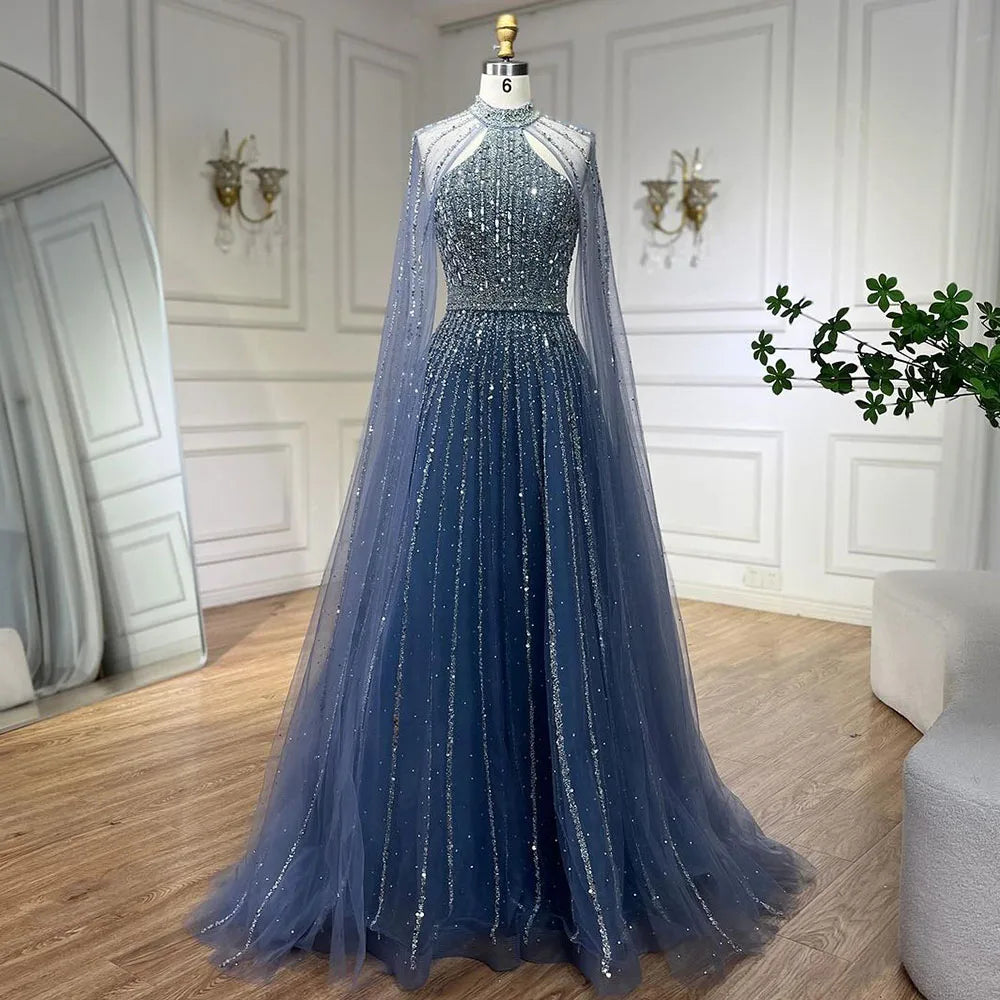 Caramel Arabic a Line Cape Sleeve Beaded Dubai Evening Dresses Serene Hill LA72306A Party Gowns 2024 for Women