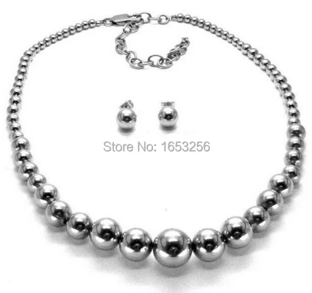 Mens Women stainless steel Solidball Chain necklace Earring Studs Shiny Jewelry Set