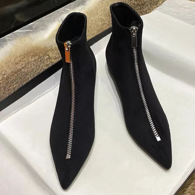2026 New Flats Sexy Women Pointed Toe Ankle Boots British Woman Footwear Female Shoes Wedge Boots New Zipper Design Short Boots