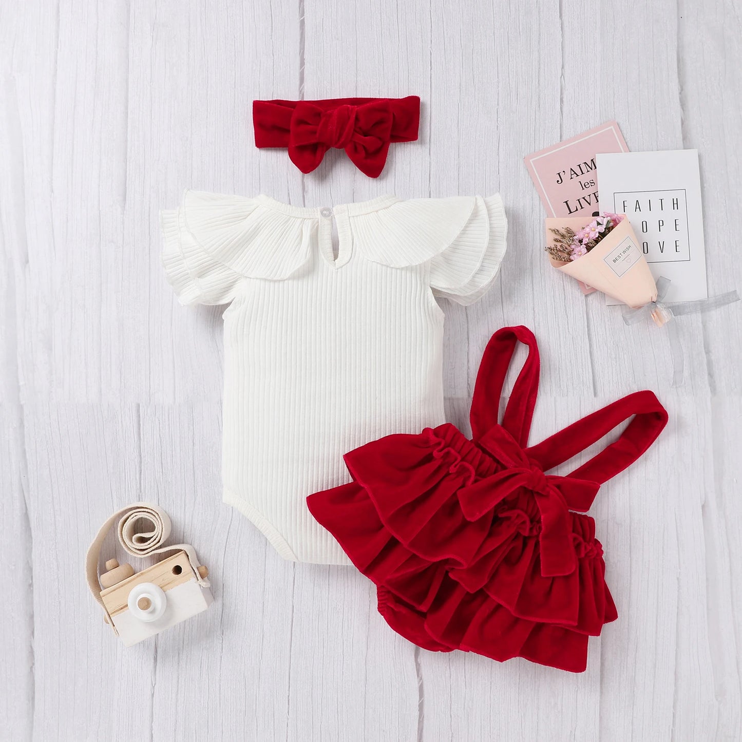 Newborn 3Pcs Summer Outfit Set Infant Ribbed Flying Sleeve Ruffled Romper Velvet Suspender Skirt Hair Band for Baby Summer