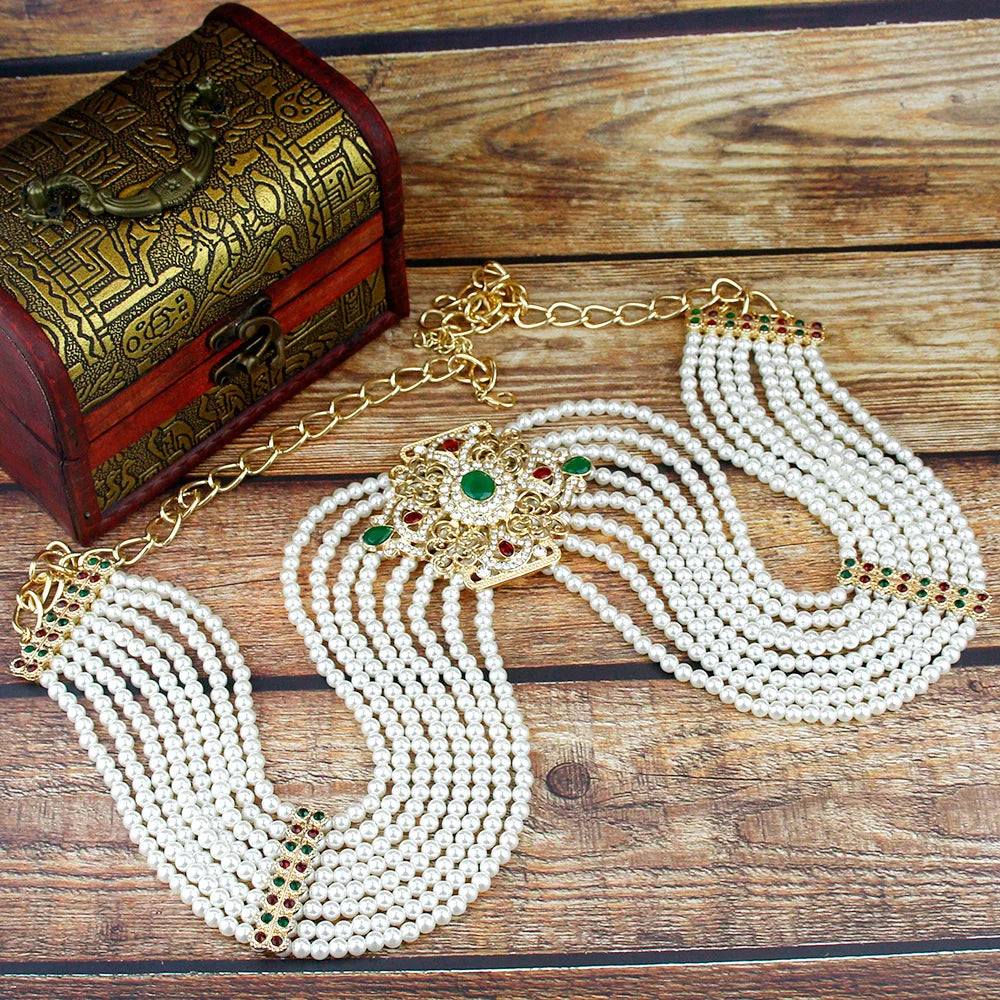Sunspicems New Women Beaded Waist Belt Chain Pearl Caftan Belt Gold Color Flower Buckle Adjustable Length Wedding Dress Jewelry