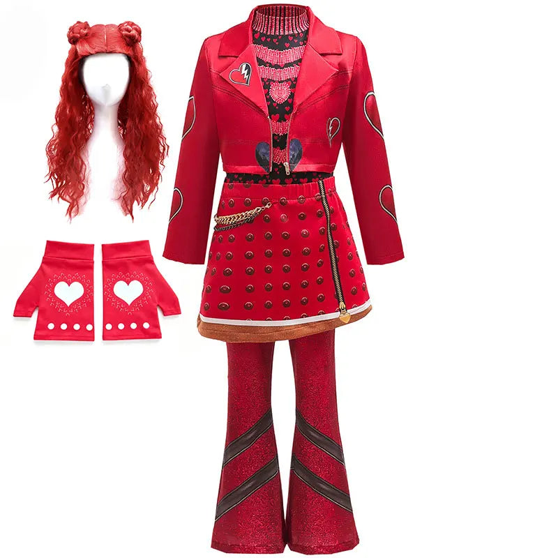 2026 New Movie Cosplay Outfit Girls Red Heart Printed 4Pcs Dress Set Jacket+Top+Skirt+Pants Halloween Costume Descendant Cosplay