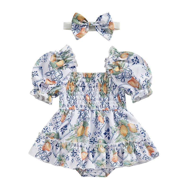 Summer Infant Baby Clothing Girls Rompers Dress Fruit/Flower Print Ruched Short Sleeve Jumpsuit Hairband For Newborn Clothes