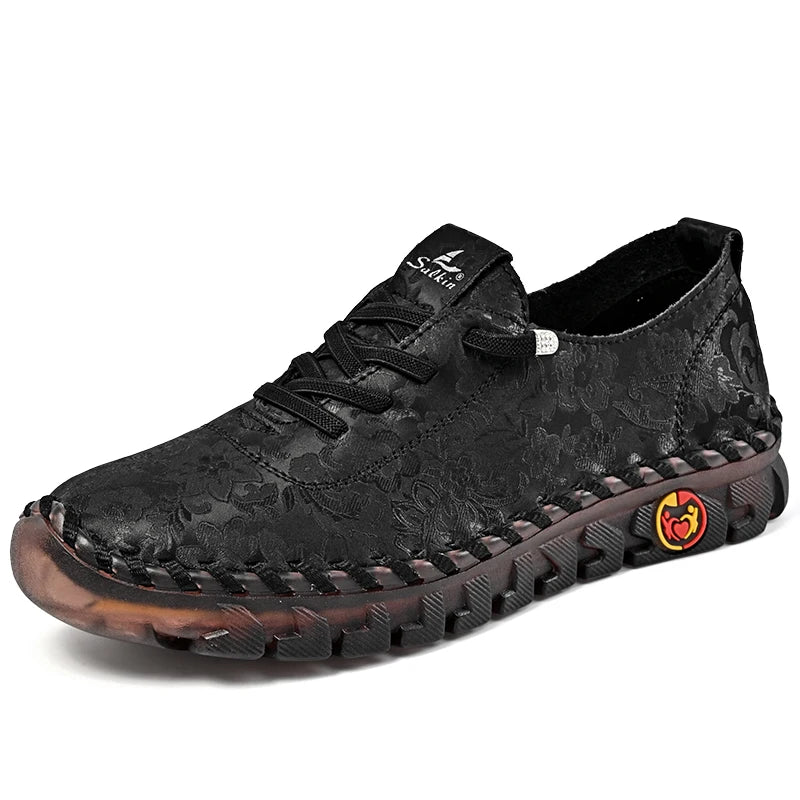 Print Fashion Sneakers Women Hand-stitching Leather Casual Shoes Design Platform Loafers Breathable Flats Shoe Driving Plus Size