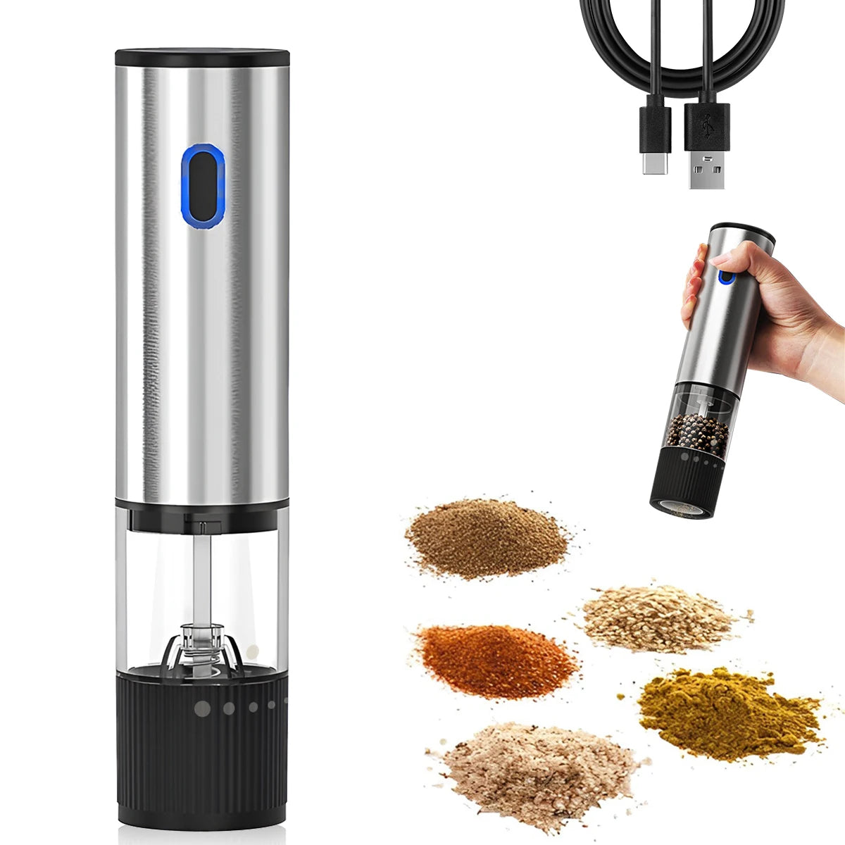 Electric Pepper Grinder 500mAh Battery USB-C Charging 5-Level Adjustable Grind Settings Automatic Spice Grinder for the Kitchen