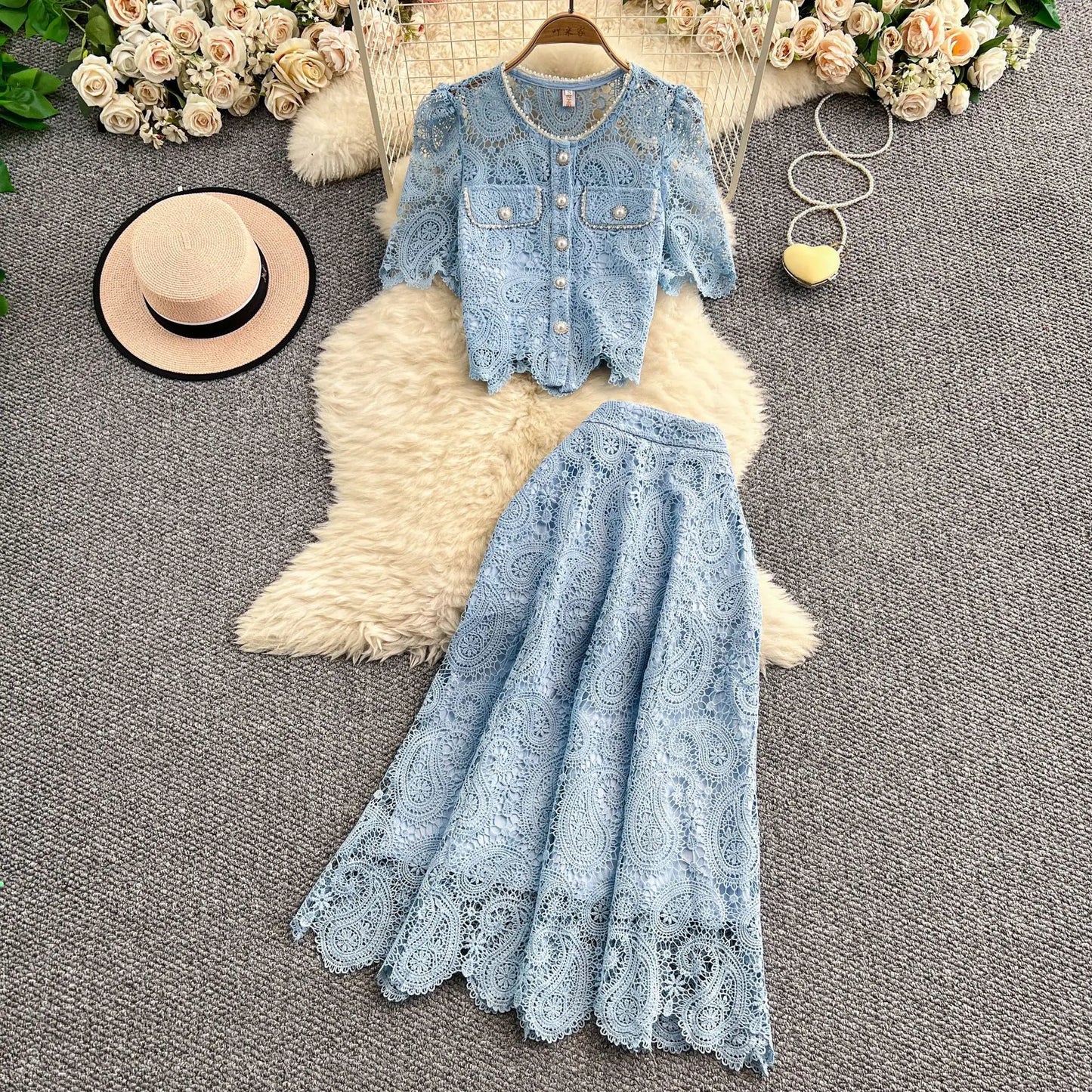 Women Two Piece Sets Skirt Set Embroidery Lace Hollow Out Half Sleeve Shirt Long Skirts A Line High Waist Elegant Work Spring