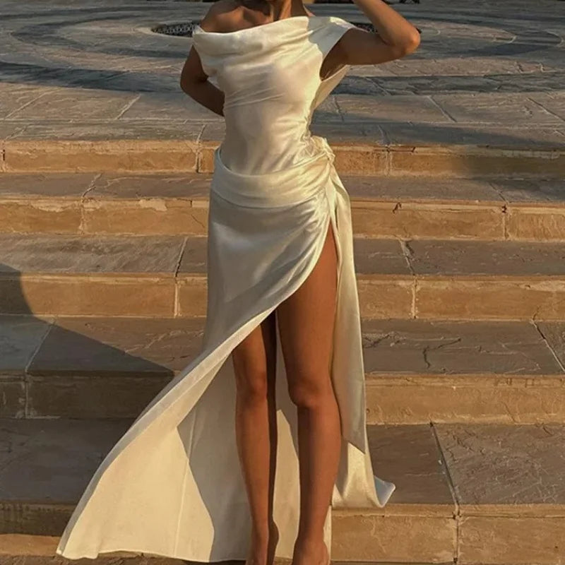 Elegant Satin Dress for Women Sexy Spliced Floral Hollow Out Backless Slit Long Dresses 2025 New Chic Temperament Cocktail Dress