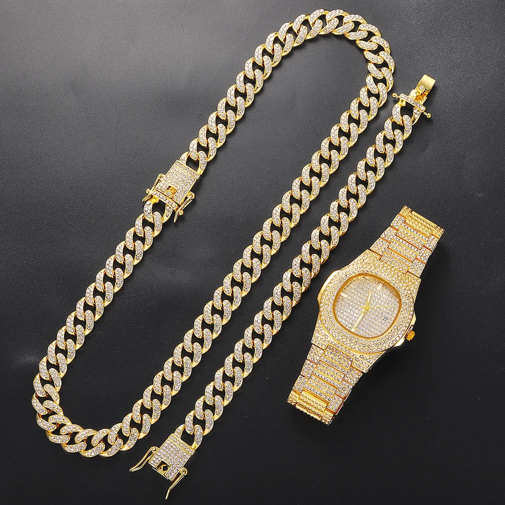 Iced Out Watch 3PCS Hip Hop Luxury Watches Jewelry Set Mens Women Watch Necklace Bracelet Bling Cuban Link Chain Choker Gift