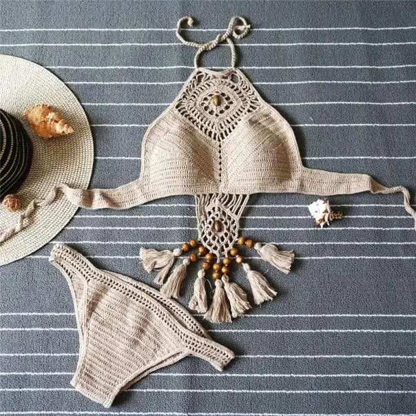 Bikini 2024 Knitting Swimsuit Crochet Bohemia Style Off Shoulder High Neck Bathing Beach Handmade Crochet