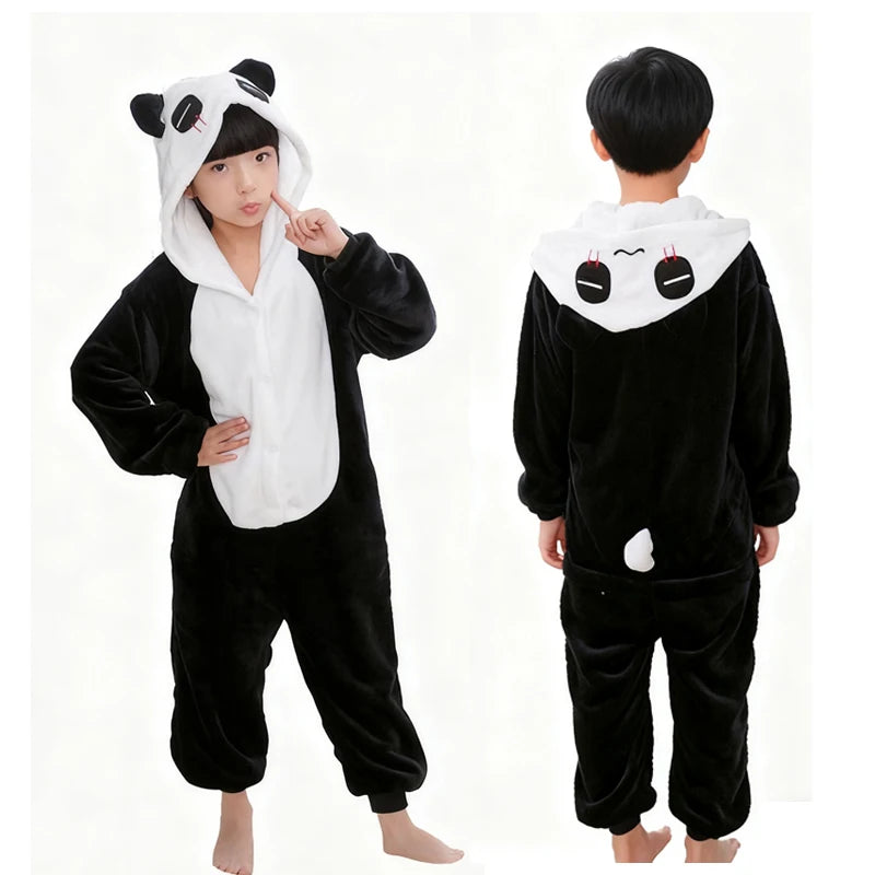 4 6 8 10 12 Years Girls Black Cat Jumpsuits Unicorn Pajamas Kigurumi Toddler Kids Hooded Flannel Home Wear Children Onesie