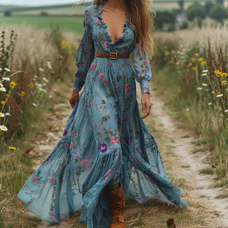 Printing Patchwork Holiday Chic Maxi Dress Women Autumn Long Lantern Sleeve Party Dress 2025 Turn Down Collar Elegant Lady Dress