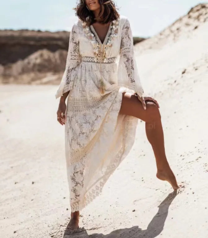 Summer Women Long Party Dress Vintage Long Sleeve Floor Length Sexy Backless White Lace Maxi Dress sexy