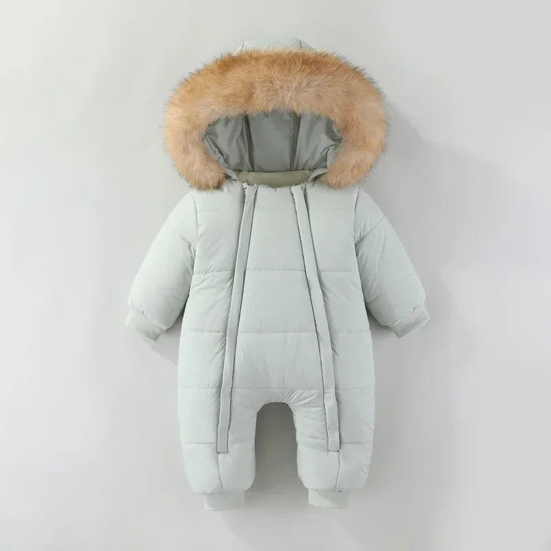 Newborn Baby Winter Snowsuit Furry Hooded Double Zipper Boys Girls Cotton Padded Jumpsuit 0-2Y Kids Warm Outwear Romper