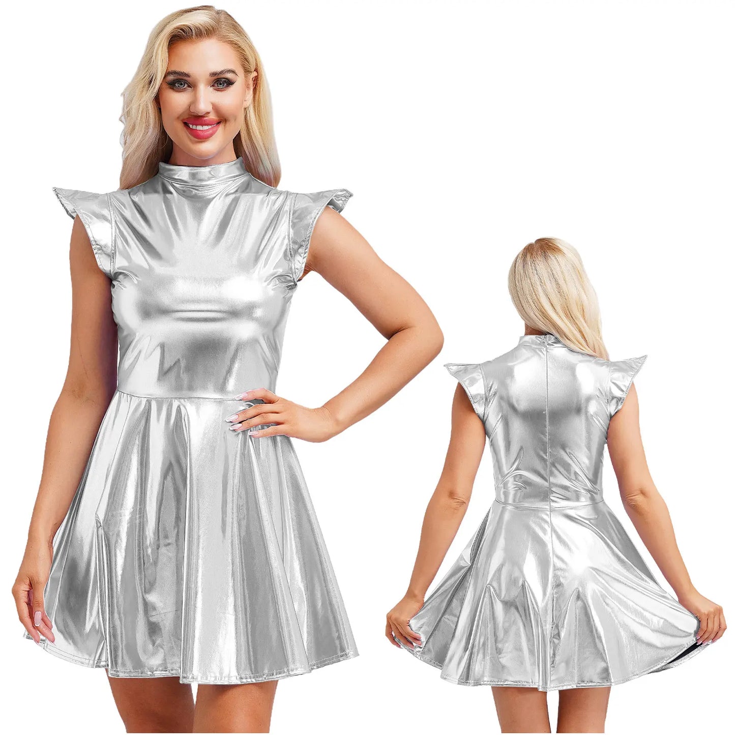 Womens High Waist A-line Dress Shiny Metallic Mock Neck Cap Sleeve Dress Modern Pole Dance Rave Party Bar Club Wear Street Wear