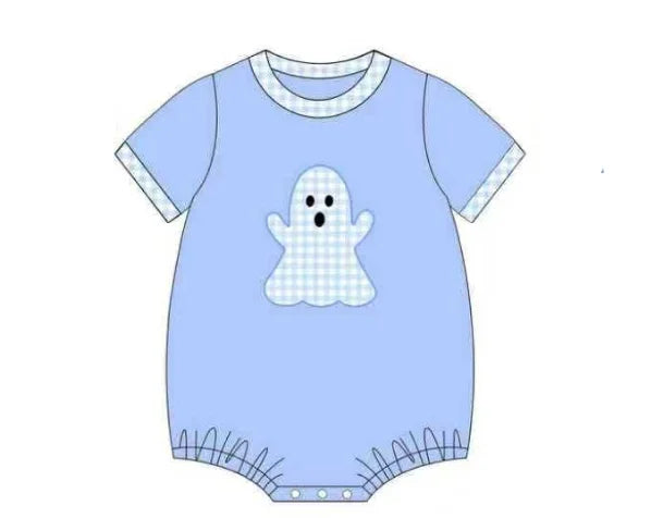 Halloween New Cartoon Print Girls' Pink Short-Sleeve Top and Purple Plaid Shorts Boys' Blue Series Boutique Set and Romper