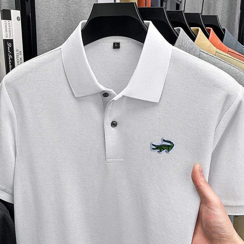 100% Cotton High-End Men New Short-Sleeved Polo Shirt Lapel Button Embroidery British Style Fashion Snug Hot-Selling Men's Wear