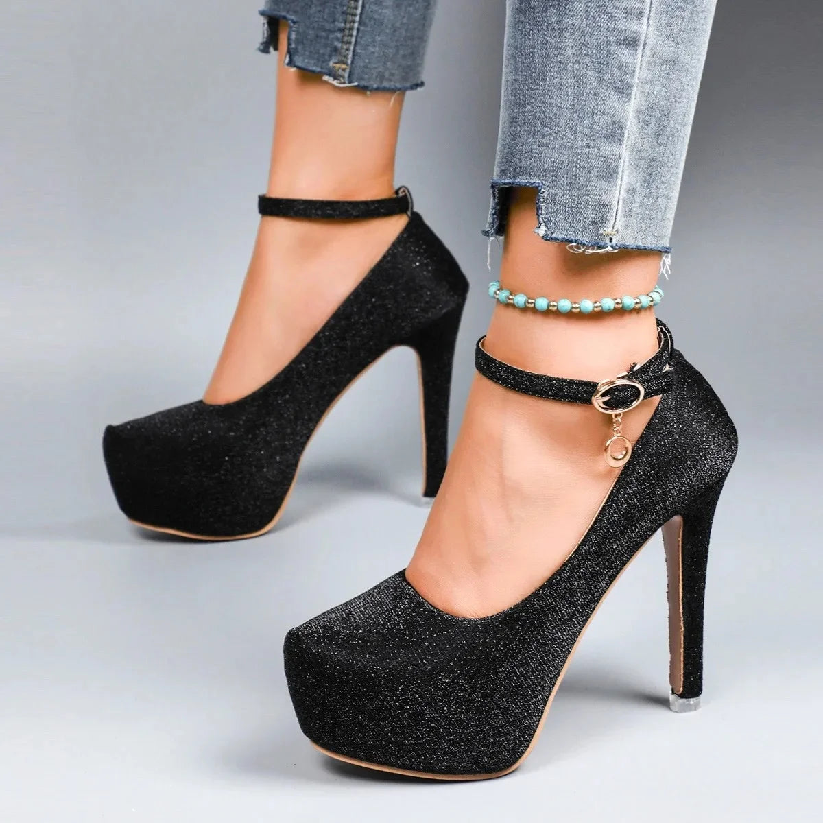 Spring Autumn New Style Waterproof Platform High Heels Thin Heel Silver Large Size Ultra High Heel Single Shoes for Women Show A