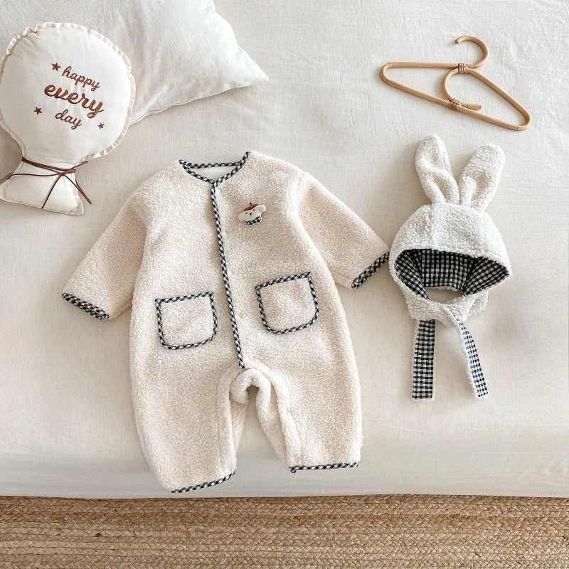 New Autumn Winter Baby Girl Boy Romper with Bunny Hat Cute Pocket Design Warm Infant Long Sleeve One-Piece Jumpsuit B5066