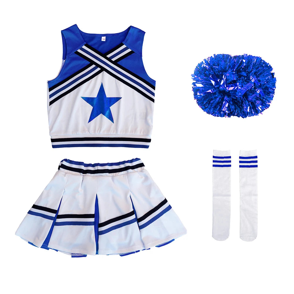 LOlanta 4Pcs Girls' Cheerleading Costumes with Socks Kids School Performance Cheerleader Outfit Halloween Fancy Dress Up 4-14Y