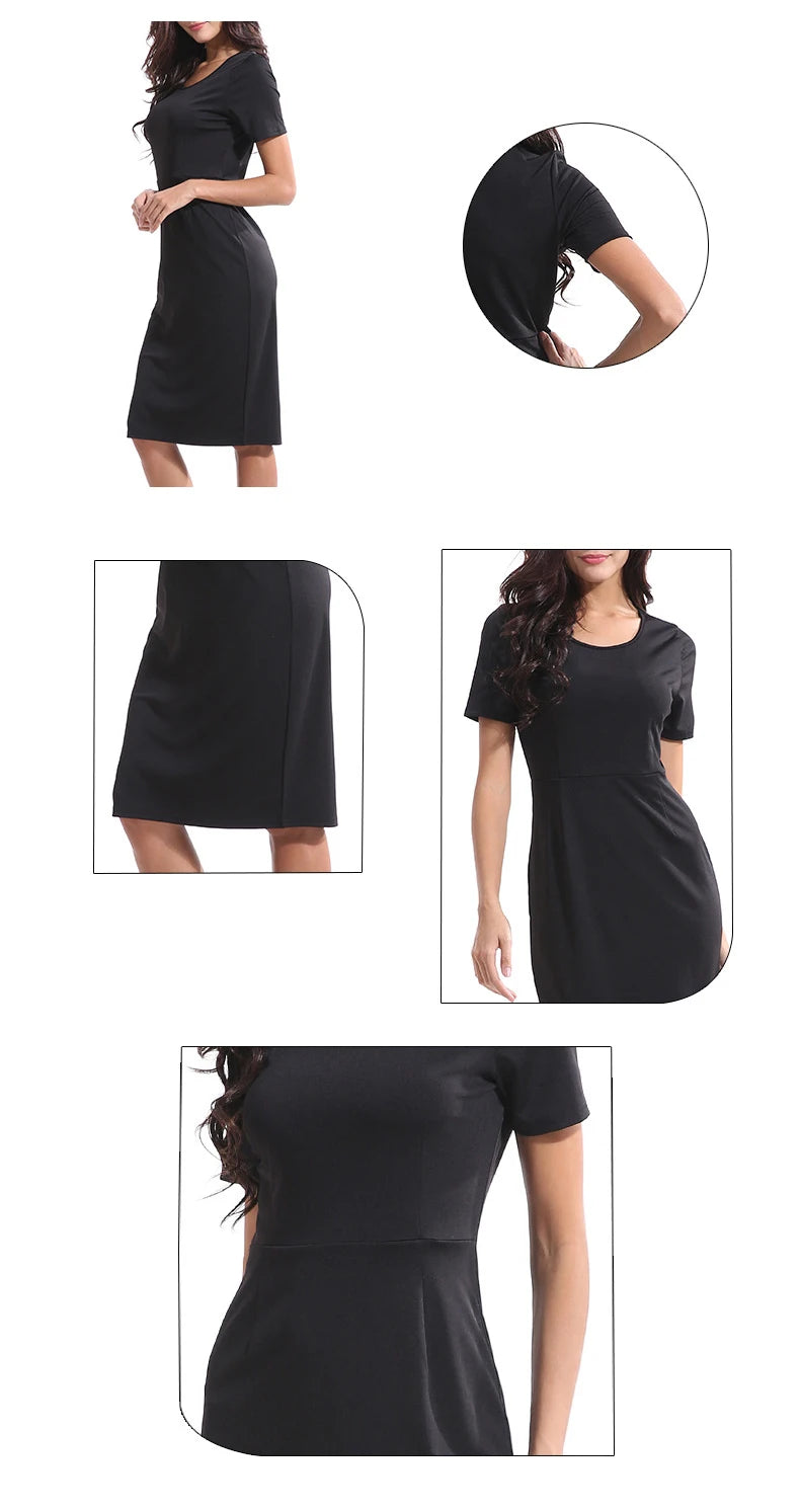 Summer Black Office Lady Dress Women Short Sleeved Dress Elegant Gown O Neck Zipper Fashion Slim Outfit Casual Streetwear