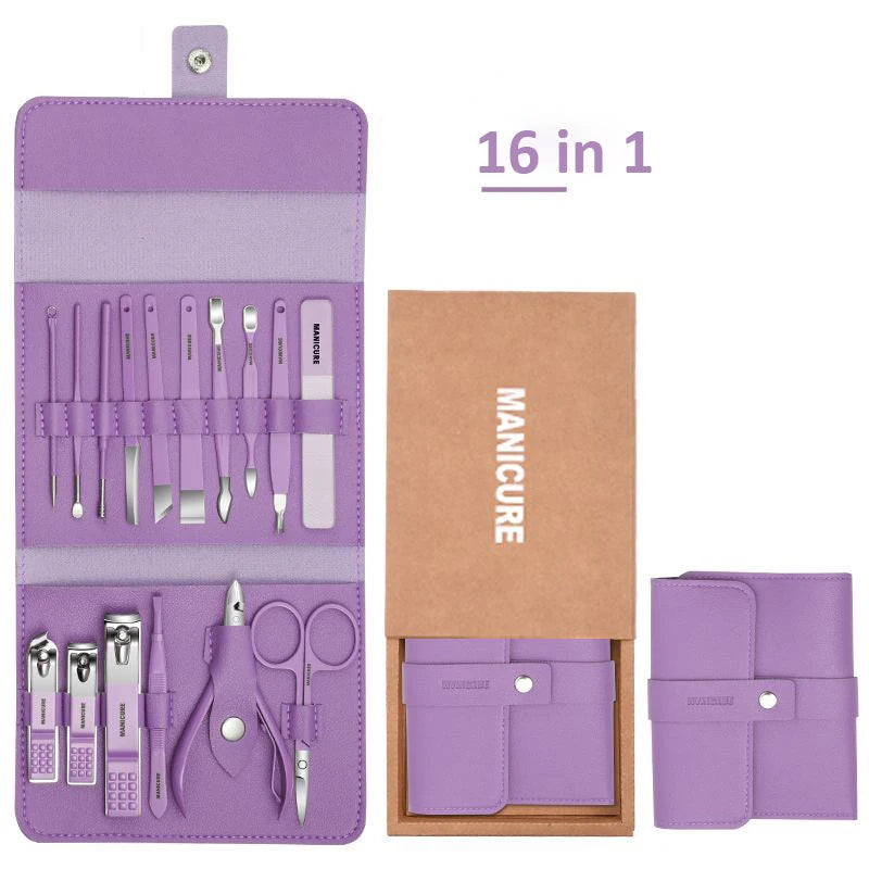 Professional Manicure Set 12/16 Pcs Full Function Kit Stainless Steel Pedicure Sets With Leather Portable Case Idea Gift