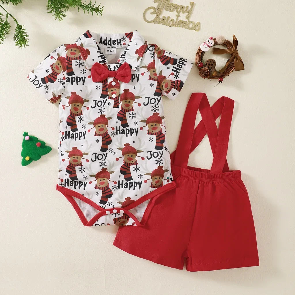 2PCS Newborn Baby Boy Christmas Clothing Set Short Sleeve Christmas Bodysuit+Overall Cute Holiday Party Wear for Baby 0-18Months