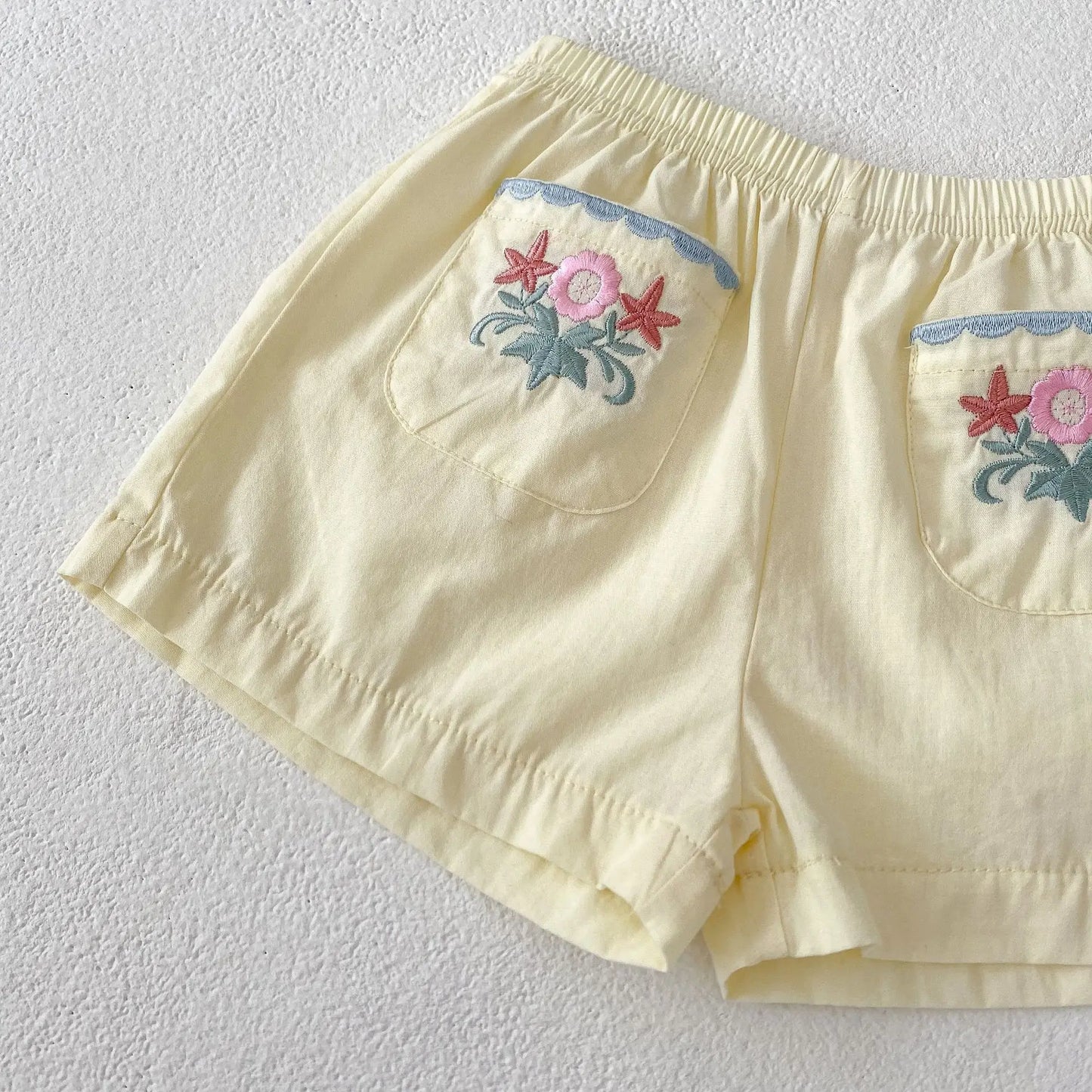 New summer baby clothing, set of 2 pieces for 0-3 year old girls with flower embroidered lapel short sleeved top and thin shorts
