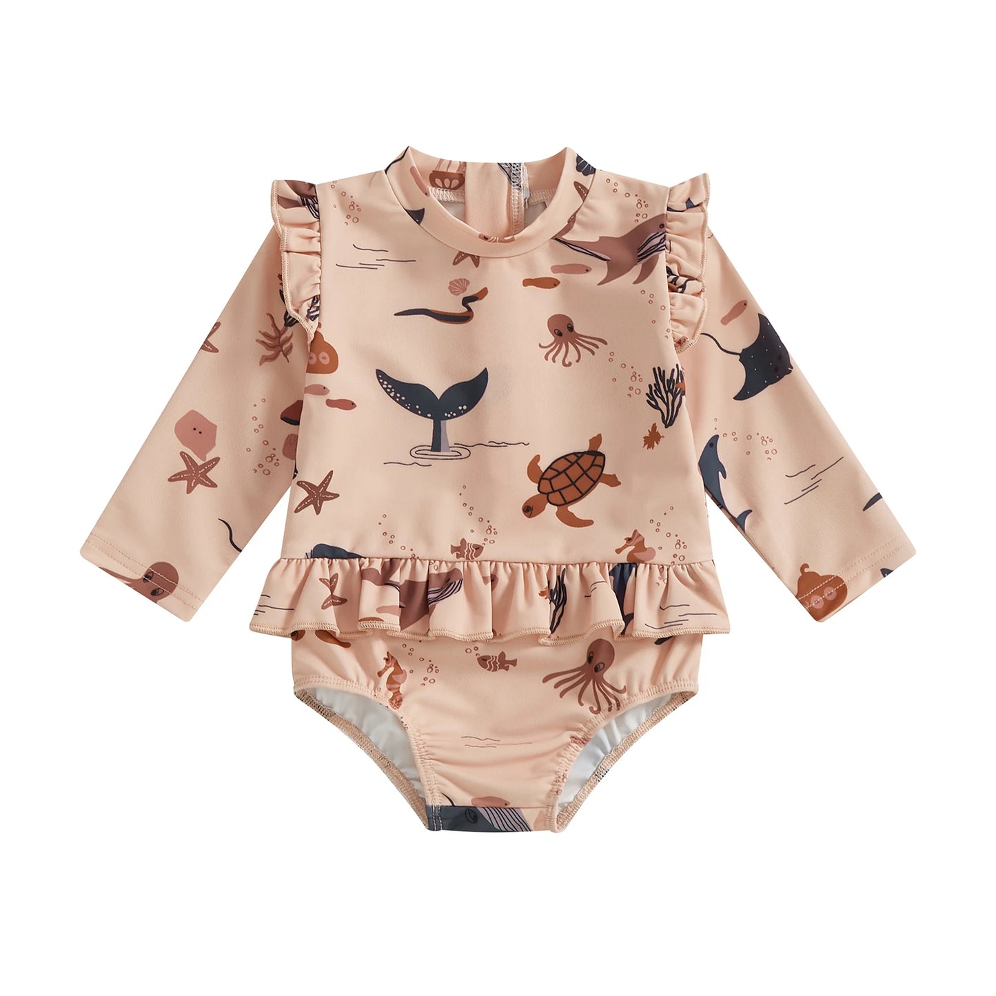 MISOWMNJOY Cute Baby Girls Long Sleeve Swimsuit Beachwear Ocean Elements Print Ruffle Toddler Infant Bathing Suit Swimwear
