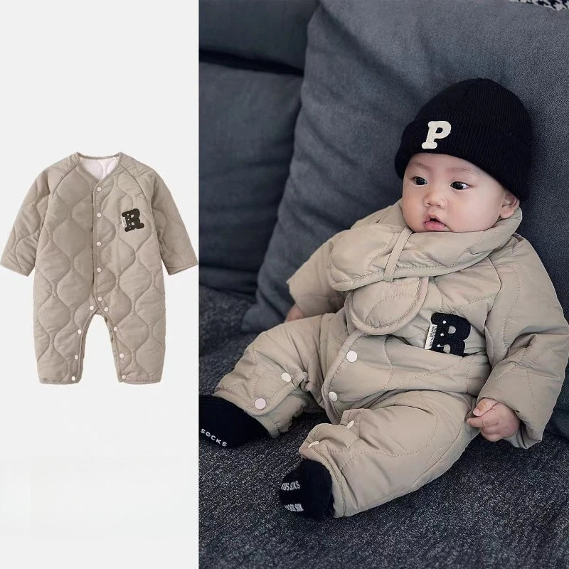 Baby Boy Autumn-Winter Thickened Romper with Scarf - Cute Letter Print Long Sleeve Onesie, Halloween Outdoor Warm Jumpsuit