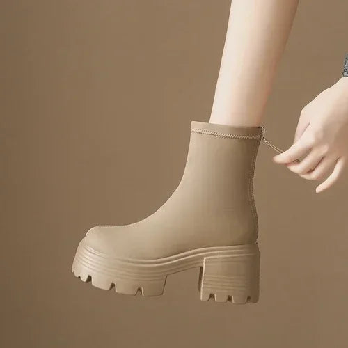 8CM Autumn Chunky Boots High Platform Leather Sneakers Women Round Toe Chelsea Boots British Style Thick Sole Female Ankle Shoes