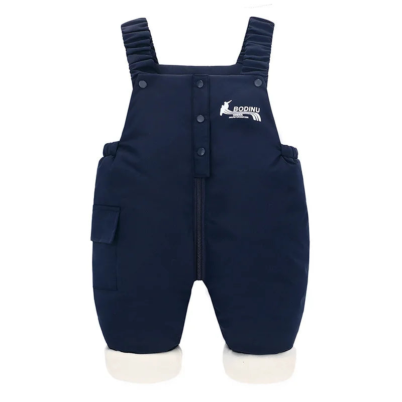 2025 Autumn Winter Baby Boys Overalls Solid Color Lining Plush Keep Warm Jumpsuit For 1-4Y Toddlers Kids Down Cotton Trousers