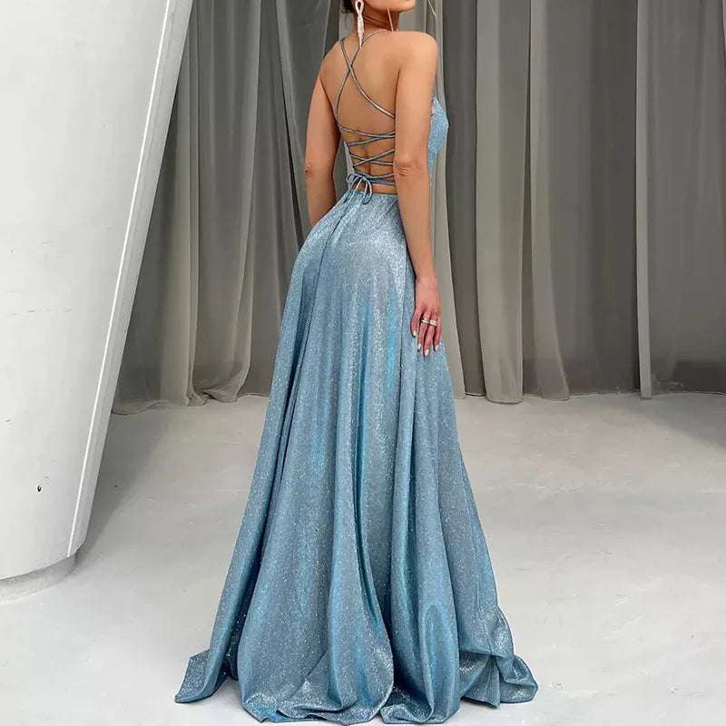 Female Evening Dress Dress 2025 Fashion New Spring And Autumn High Street Suspender Backless Sexy Split Flash Party Banquet