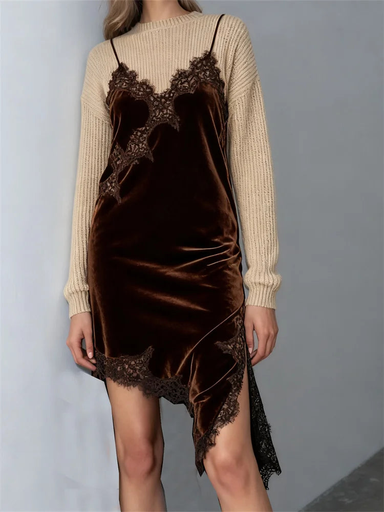 Women Satin Sexy Velvet Lace Spliced Short Sling Dress Sleeveless Backless Asymmetric Sexy Party Dresses Summer Lady Dress 