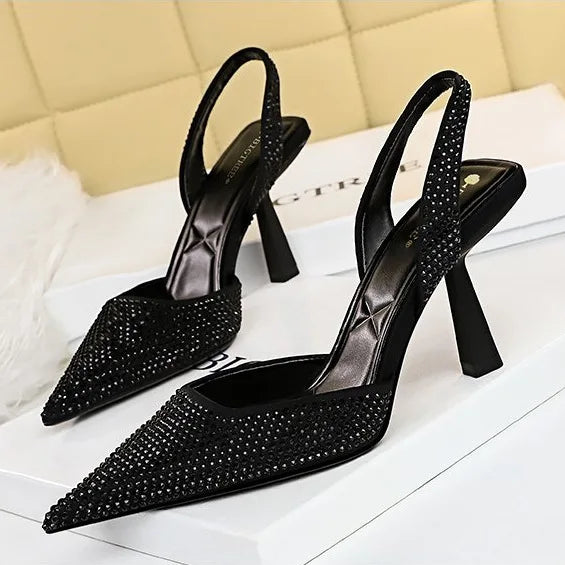 Gold Women Heels Sandals 2024 Summer Crystal Pointed Toe Female Stiletto African Party Rhinestone Shallow Slip on Heel Shoes
