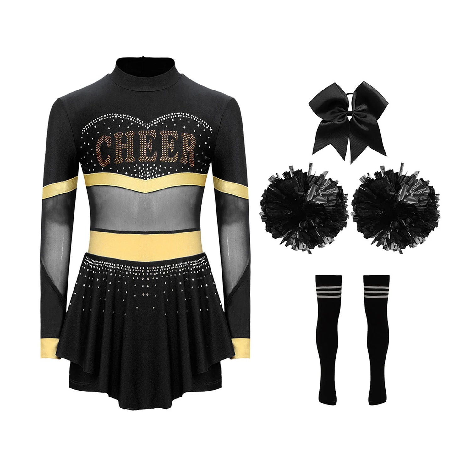 Girls Cheerleader Costume Long Sleeve Cheerleading Uniform Children Cheer Dance Dress Hand Flower Socks Stage Dancewear Sets