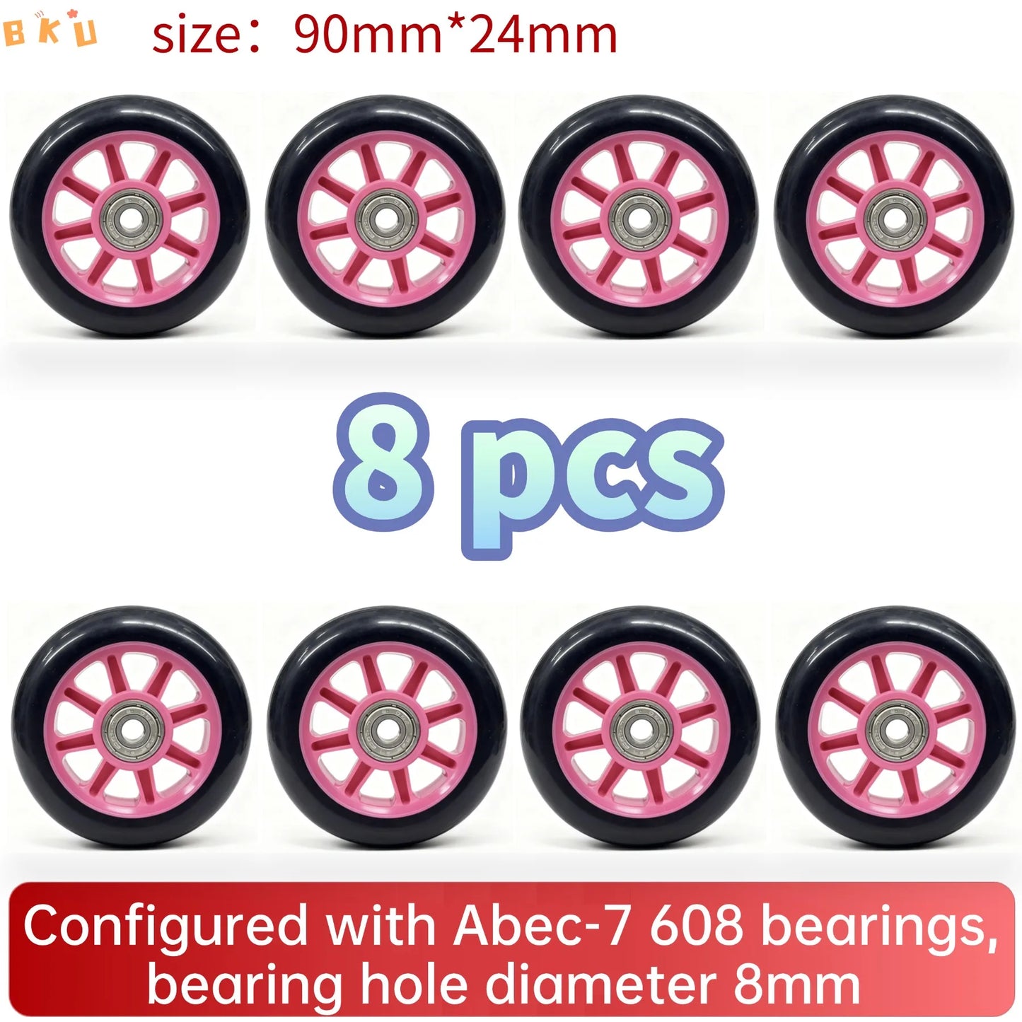 8pcs Universal 90mm PU Wheels for Inline Skates Luggage Stroller with ABEC-7 608 Bearings 12 Color Variants 8mm Inner Hole
