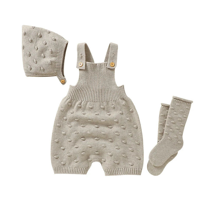 3pcs/Set Baby Clothes Solid Dots Crocheted Newborn Infant Girls Sleeveless Knitted Rompers Hats Socks Outfits 0-18m Infant Suits