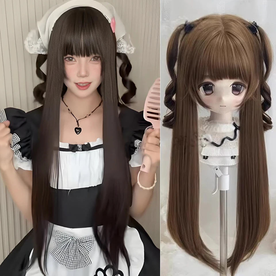 Synthetic 24 inch Loiita Black Pink Tousled Long Straight Wig Double Ponytail Hair Extensions cosplay wig Christmas