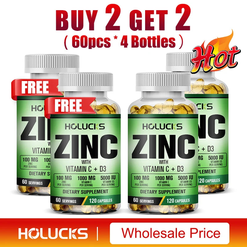 Zinc Complex Supplement, Vitamin C, Support Collagen, Antioxidant, Boost Immune, Improve Sleep & Energy, Premium Capsules