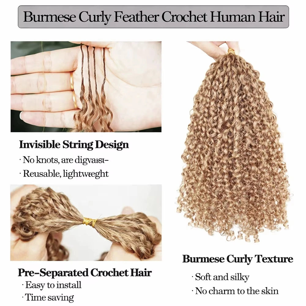 27 Honey Blonde Color Deep Wave Crochet Hair Extensions Knotless Pre-Separated Burmese Curly Feather Crochet 100% Human Hair