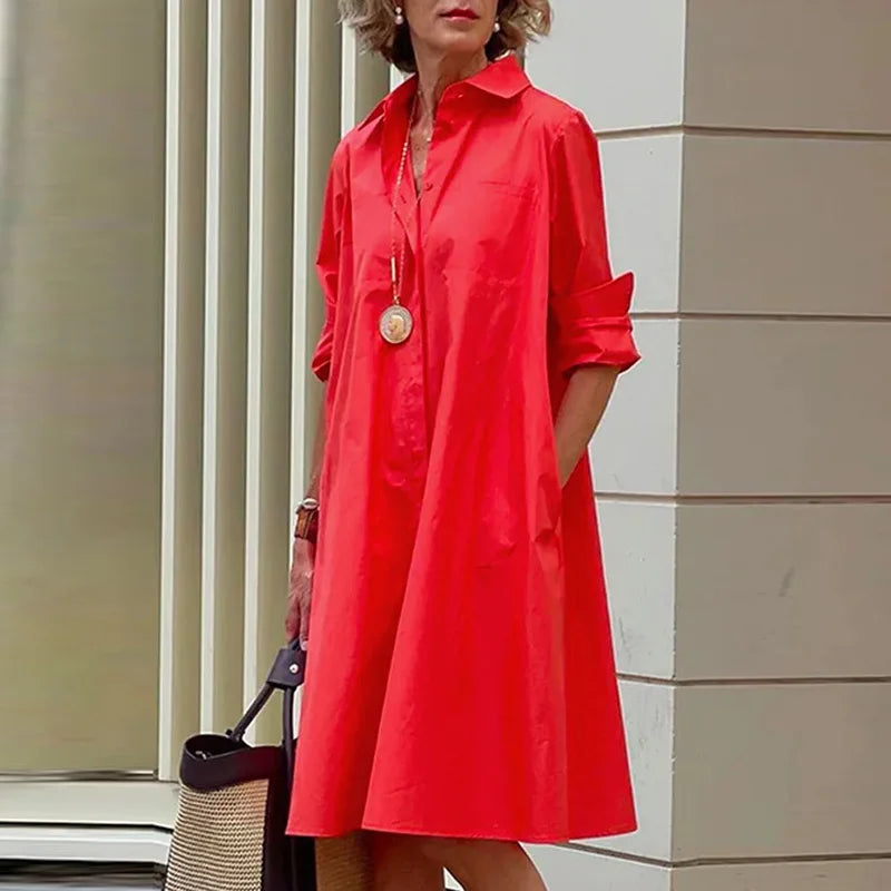 Women Casual Solid Pocket Shirt Dress Elegant Turn Down Collar Office Lady Dress Autumn Female Long Sleeve Loose Dress Vestidos