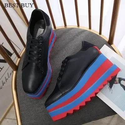 2024 Height Increasing Star Rivet Shoes Classic Platform Rose Gold sneakers Mix Color Square Toe Wedge Shoes Lace Up Lady Shoes