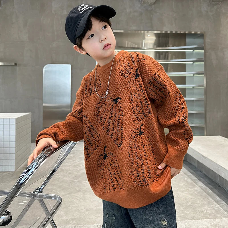 Children Halloween Pumpkin Sweater For Boys Fancy Knitted Outfit Clothing Kids Elegant Pullover Knitwear For Teenagers Age 5-14T