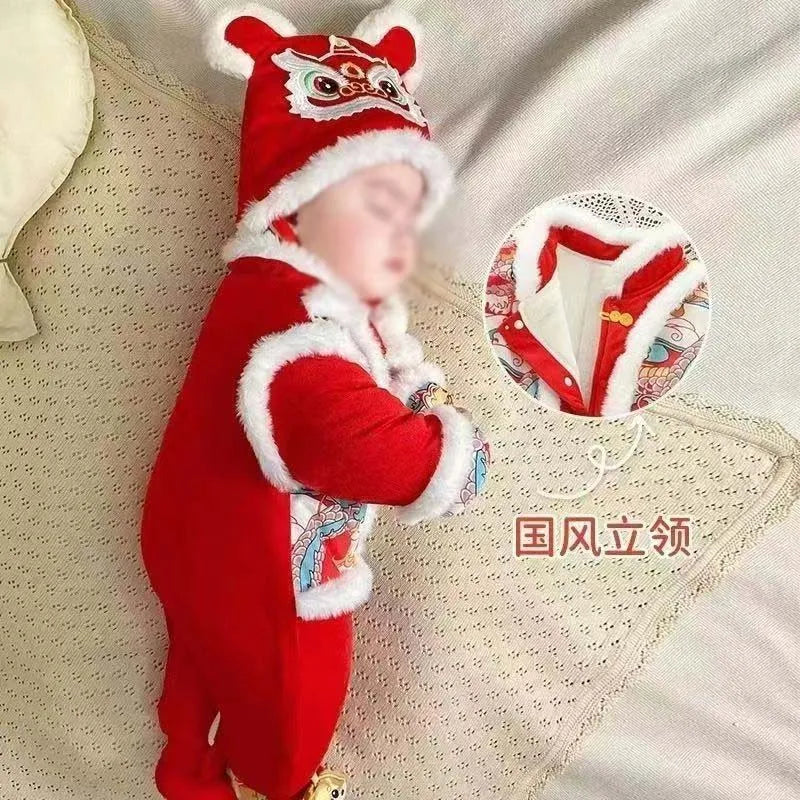 New winter Chinese New Year thick baby with hat jumpsuit