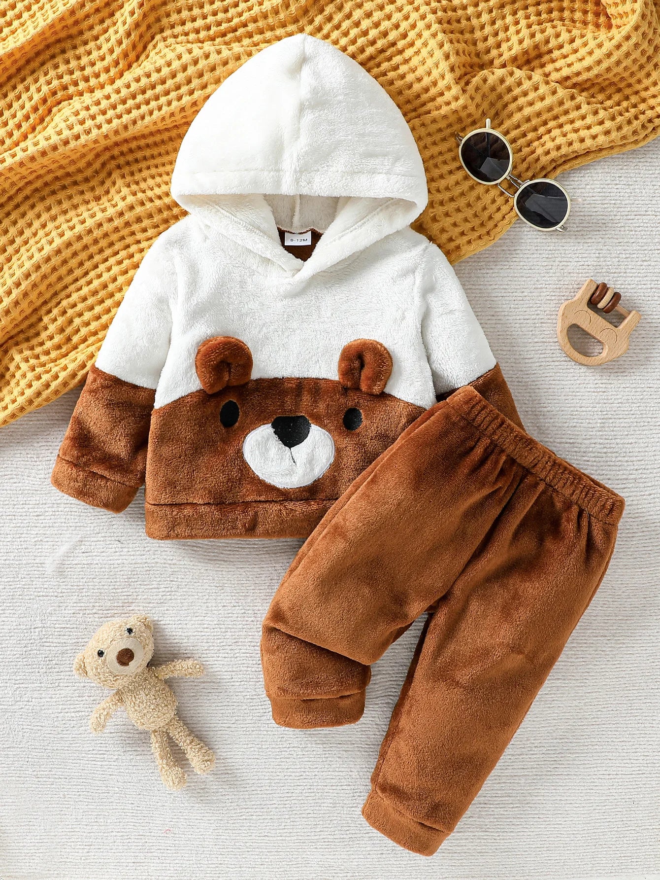 2025 New Fashion Baby Boy Girl /Unisex Winter Casual Daily Warm Cute Little Bear Fur Thick Design Suitable For 3-24M 2-Piece Set