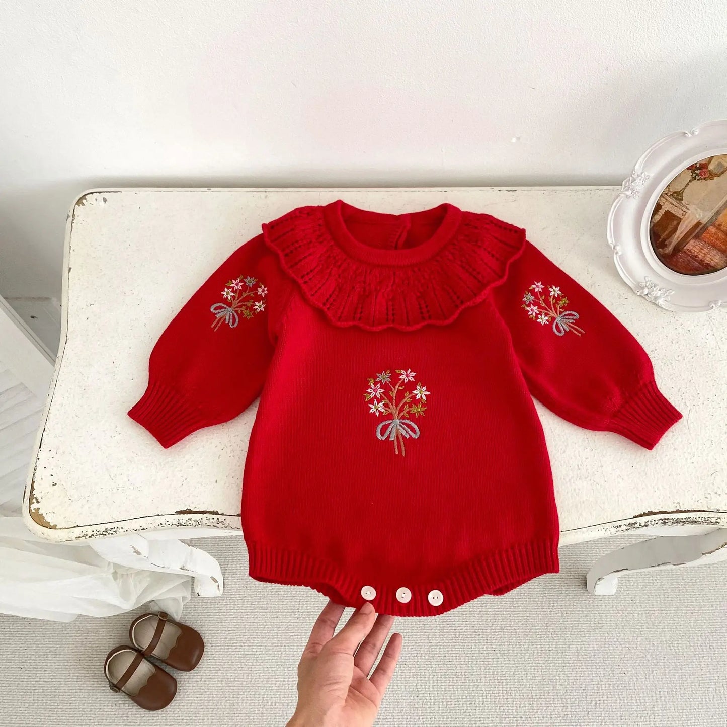 Autumn Baby Clothing New Baby Knitted Rompers Lotus Leaf Collar Long-sleeved Romper Cute Baby Girl Embroidered Sweaters Jumpsuit