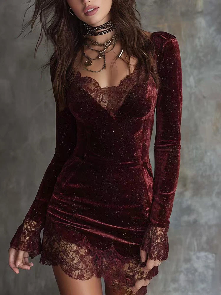 Women's Elegant V-neck Long Sleeve Mini Dress Fashion Hight Waist Slim Short Dresses Sexy Lace Splicing Solid Color Party Dress